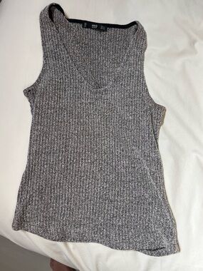 Mango Ribbed Knit Sleeveless Top in Black and White Marled